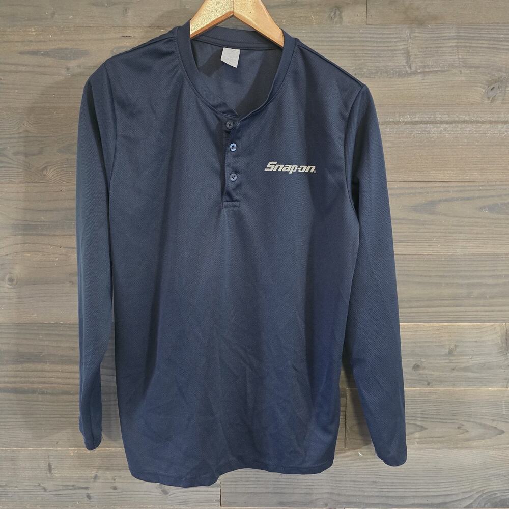 Snap-On Mens Blue Polyester LARGE Henley Shirt Long Sleeve Navy Performance